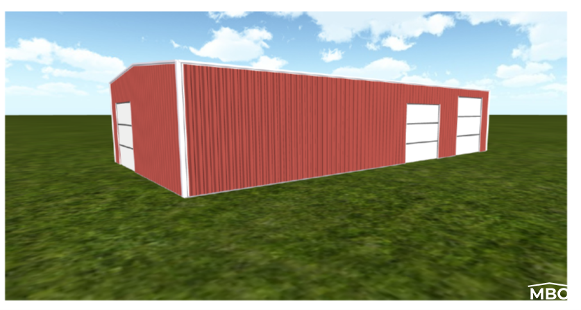 red metal building with white trim for sale