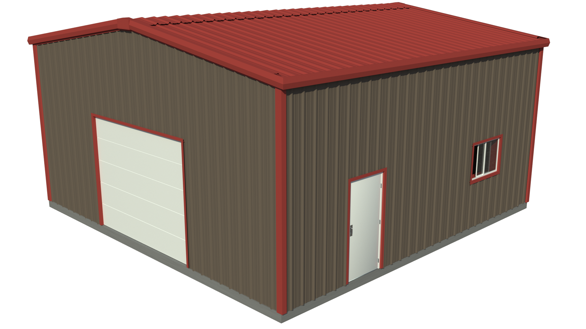 30x30 metal building kit for sale at Metal Building Outlet, a burnished slate panels with dark red trim.